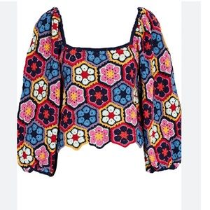 New FARM RIO Flower Crochet Cotton Blouse Multi
